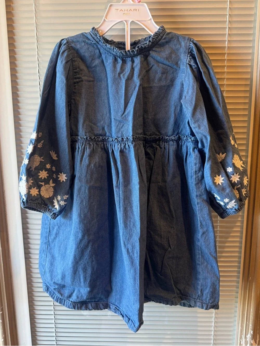 Mud Pie Girls Chambray Embroidered Dress 5T Blue Long Sleeve Floral Sleeve